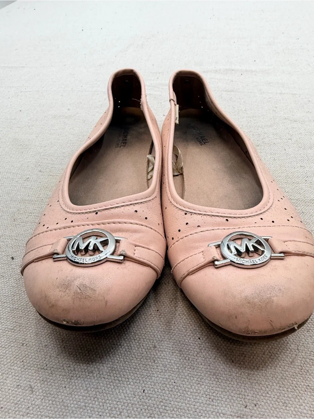 Michael Kors Blush Pink Leather Ballet Flats with Silver MK Emblem